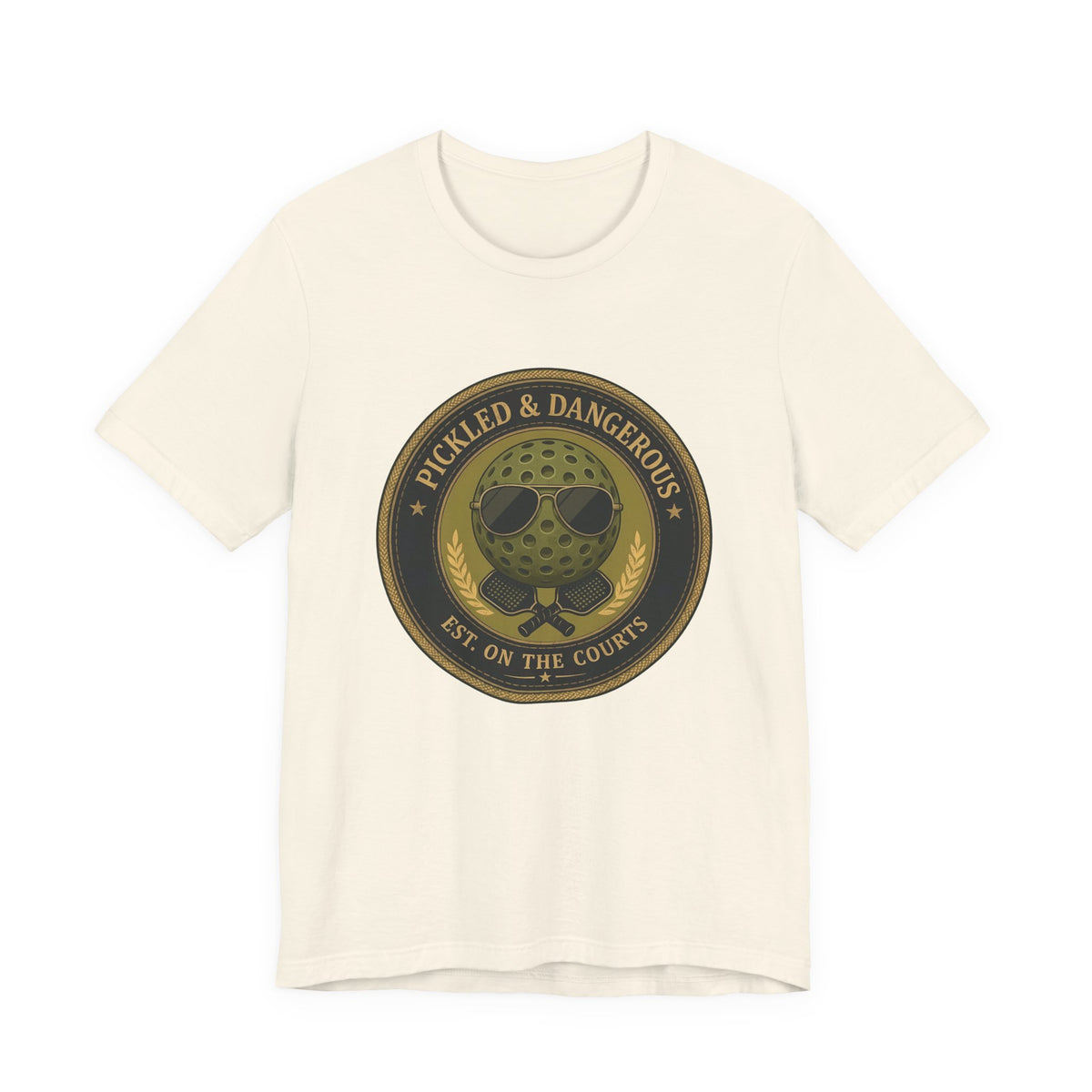 "Pickled & Dangerous" pickleball t-shirt in Natural, front view, badge of a pickleball in sunglasses