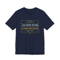 "Love Means Nothing" t-shirt in Navy, front view, scoreboard panel reading "But winning means everything"