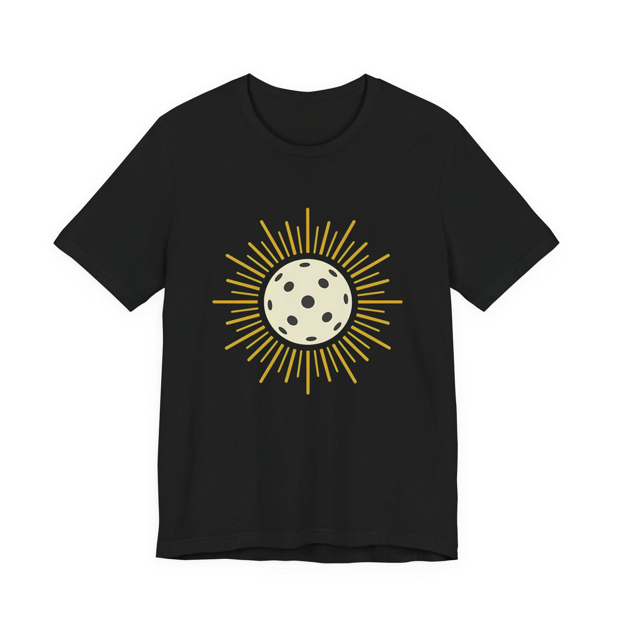 Sunburst Pickleball t-shirt in Black, front view, pickleball inside golden sunburst rays
