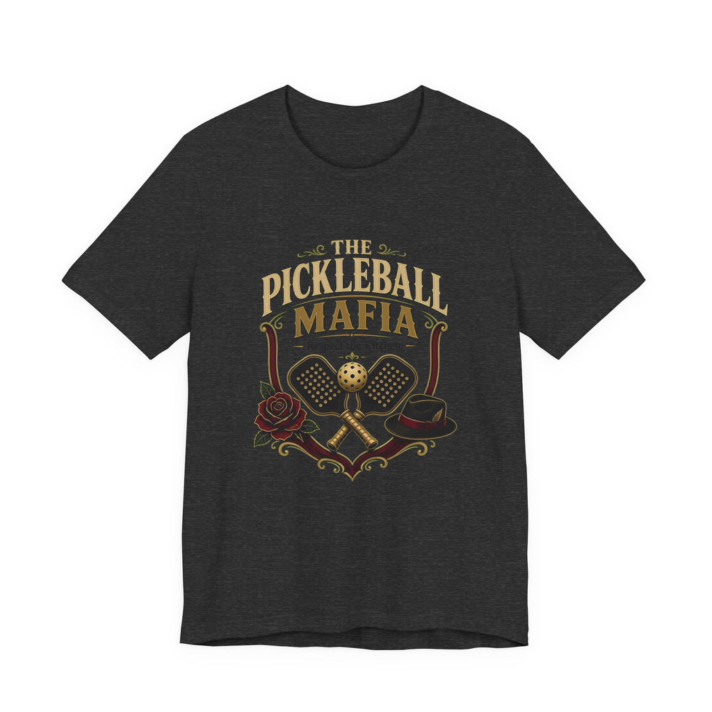 "The Pickleball Mafia" t-shirt in Dark Grey Heather, front view, crossed paddles, roses, fedora, "Respect the kitchen"