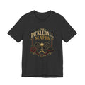 "The Pickleball Mafia" t-shirt in Dark Grey Heather, front view, crossed paddles, roses, fedora, "Respect the kitchen"
