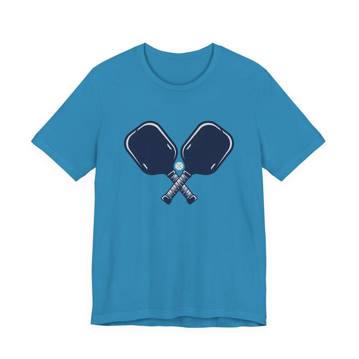 Crossed Paddles pickleball t-shirt in Aqua, front view, two navy paddles crossed over a ball