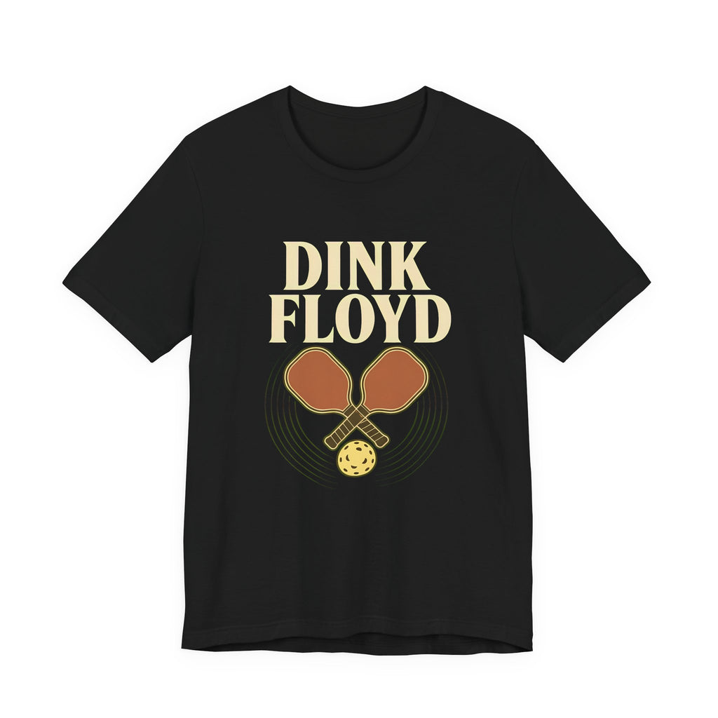 "Dink Floyd" pickleball t-shirt in Black, front view, crossed paddles and ball on record rings