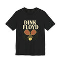 "Dink Floyd" pickleball t-shirt in Black, front view, crossed paddles and ball on record rings