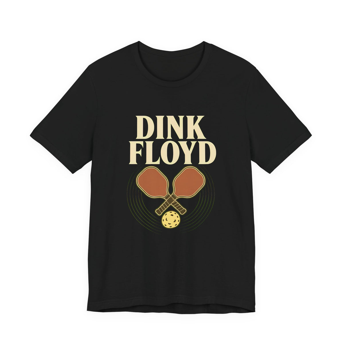 "Dink Floyd" pickleball t-shirt in Black, front view, crossed paddles and ball on record rings