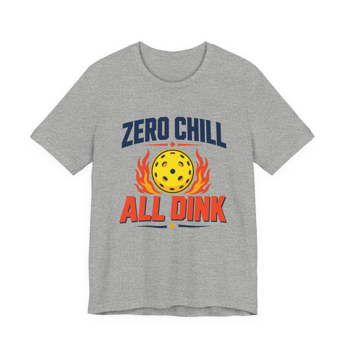 "Zero Chill All Dink" pickleball t-shirt in Athletic Heather, front view, flaming yellow pickleball