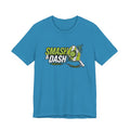 "Smash & Dash" pickleball t-shirt in Aqua, front view, lime lettering with a speeding paddle and ball
