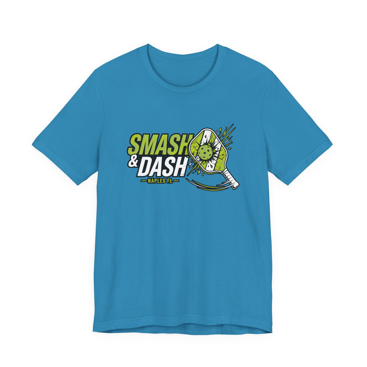 "Smash & Dash" pickleball t-shirt in Aqua, front view, lime lettering with a speeding paddle and ball