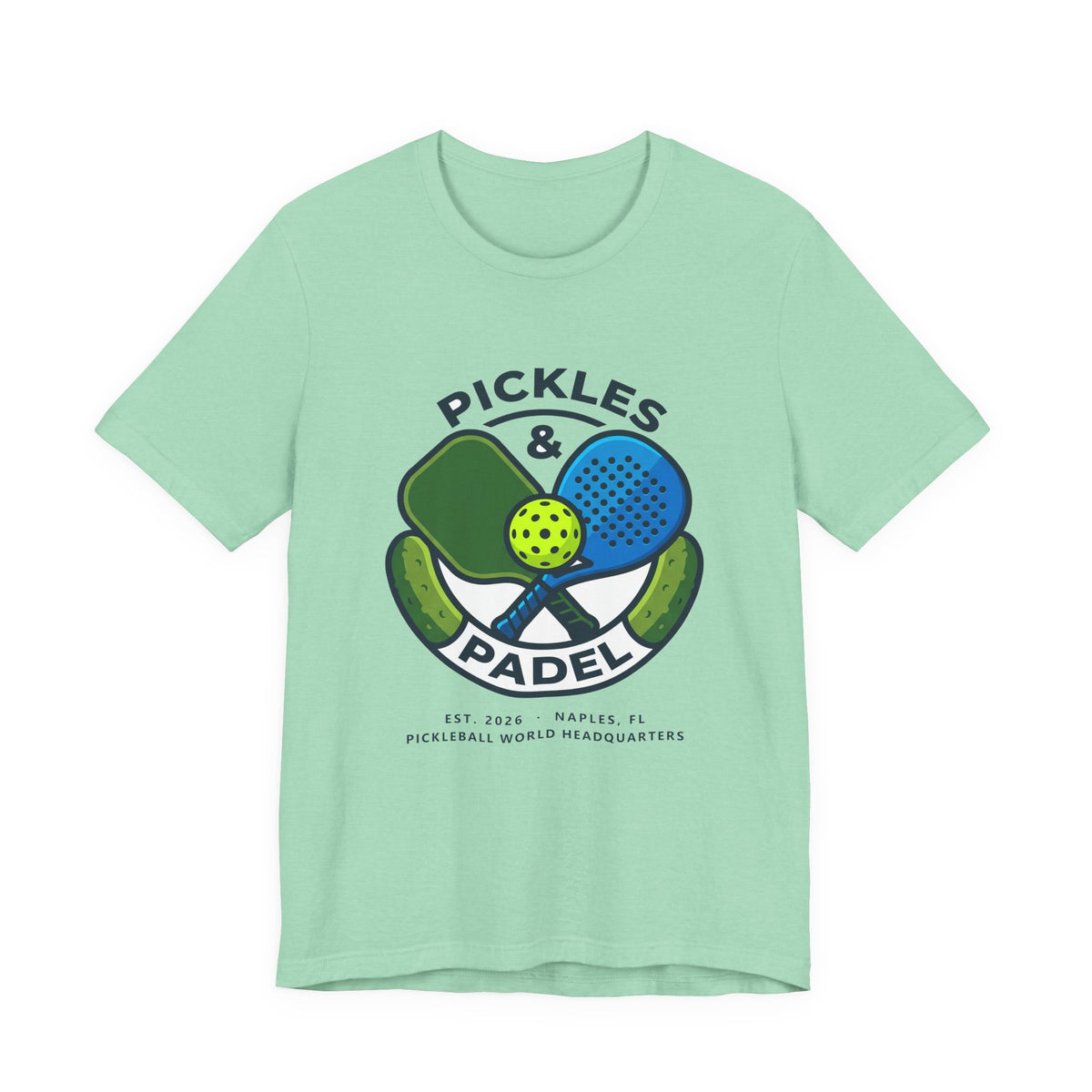 Pickles & Padel Crossed Paddles t-shirt in Heather Mint, front view, green and blue paddles crossed over a ball