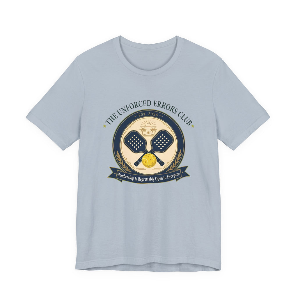 "The Unforced Errors Club" pickleball t-shirt in Light Blue, front view, crest with crossed paddles and ball