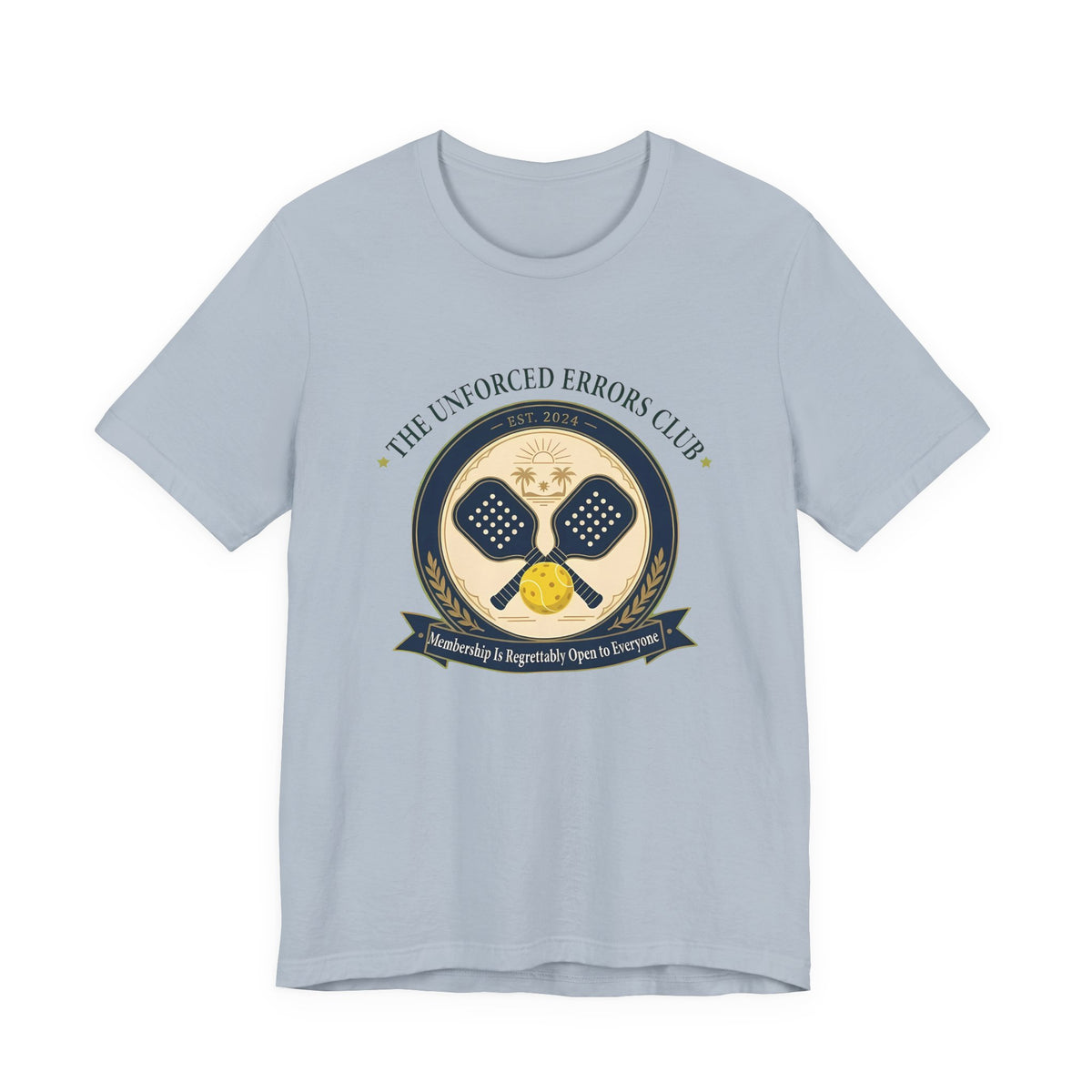 "The Unforced Errors Club" pickleball t-shirt in Light Blue, front view, crest with crossed paddles and ball
