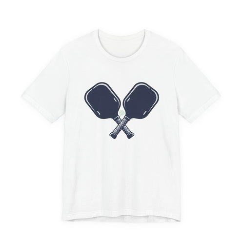 Crossed Paddles pickleball t-shirt in White, front view, two navy paddles crossed over a ball