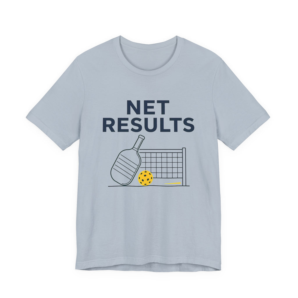"Net Results" pickleball t-shirt in Light Blue, front view, line-art paddle, net and yellow ball