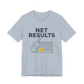 "Net Results" pickleball t-shirt in Light Blue, front view, line-art paddle, net and yellow ball