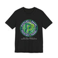 Pickles & Padel Badge t-shirt in Black, front view, green round PP monogram badge, Naples FL