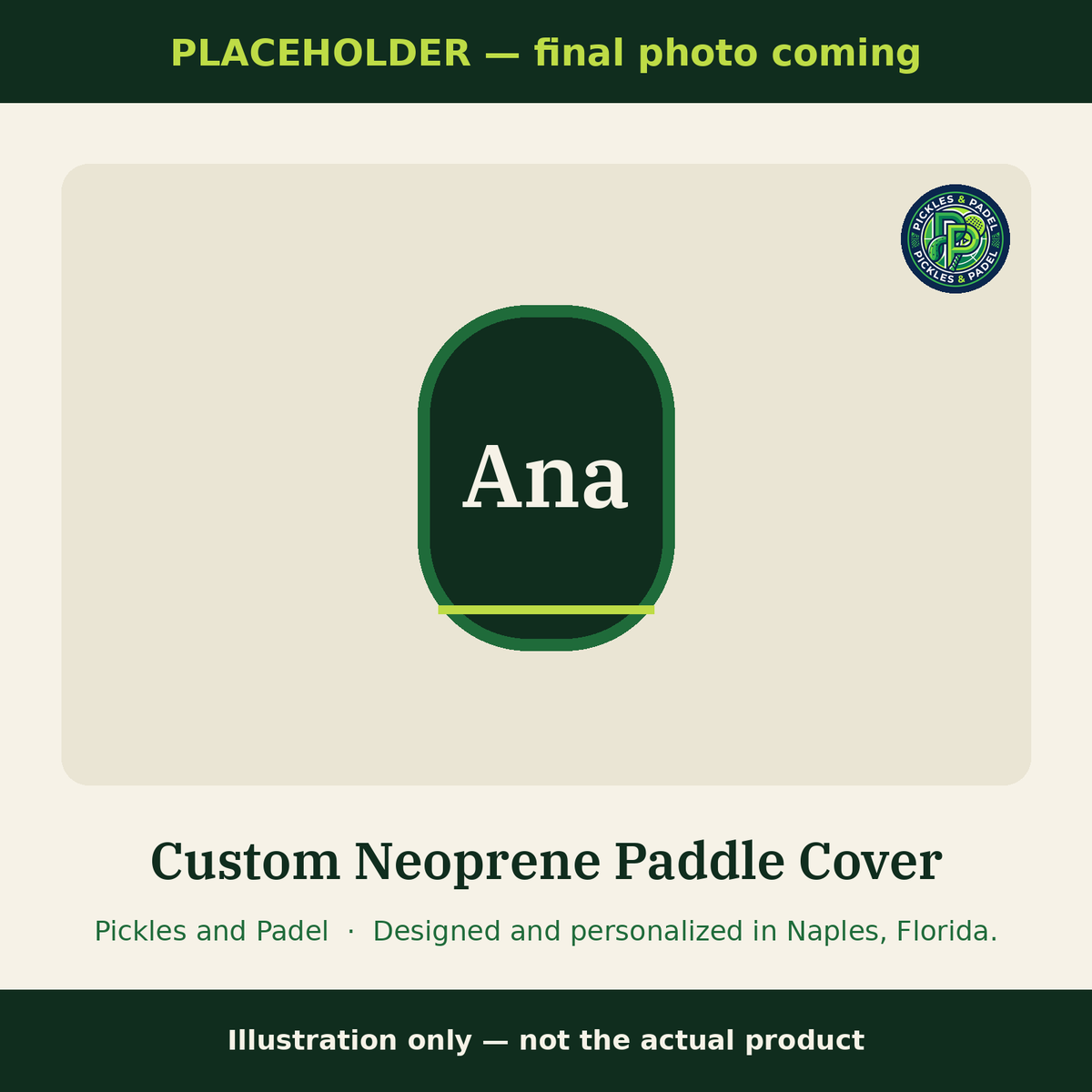 PLACEHOLDER image, final photo coming: Custom neoprene paddle cover illustration (not the actual product)