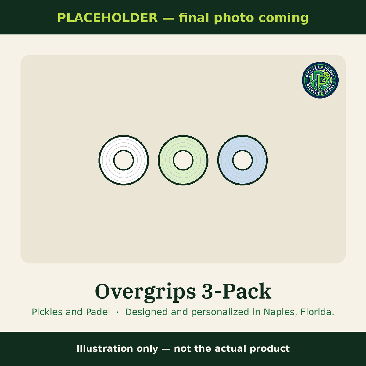 PLACEHOLDER image, final photo coming: Overgrips 3-pack illustration (not the actual product)